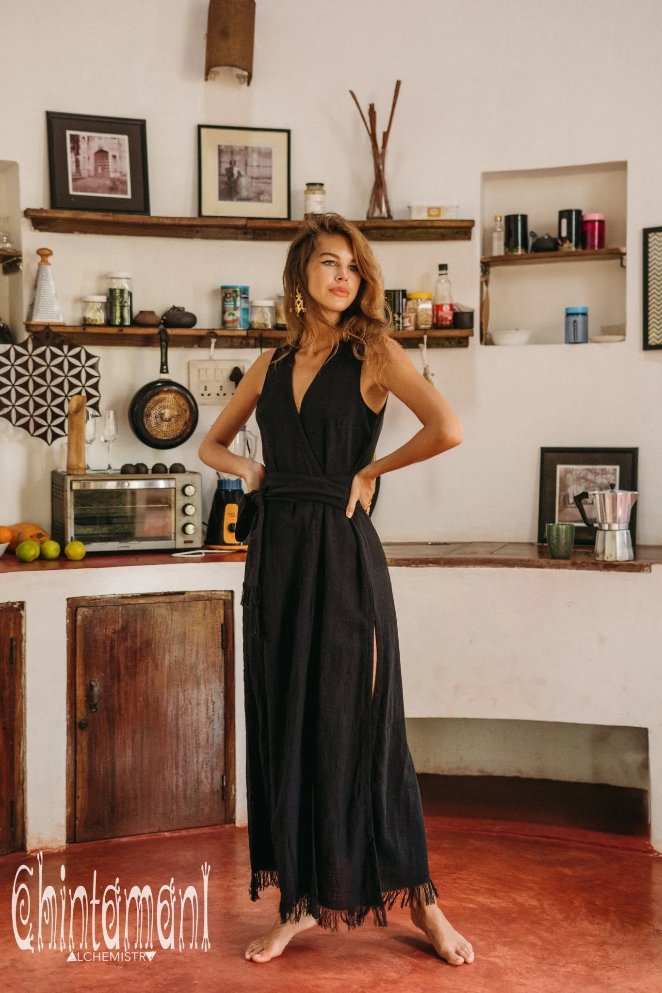 Gypsy Raw Cotton Sleeveless Long Wrap Dress / Black