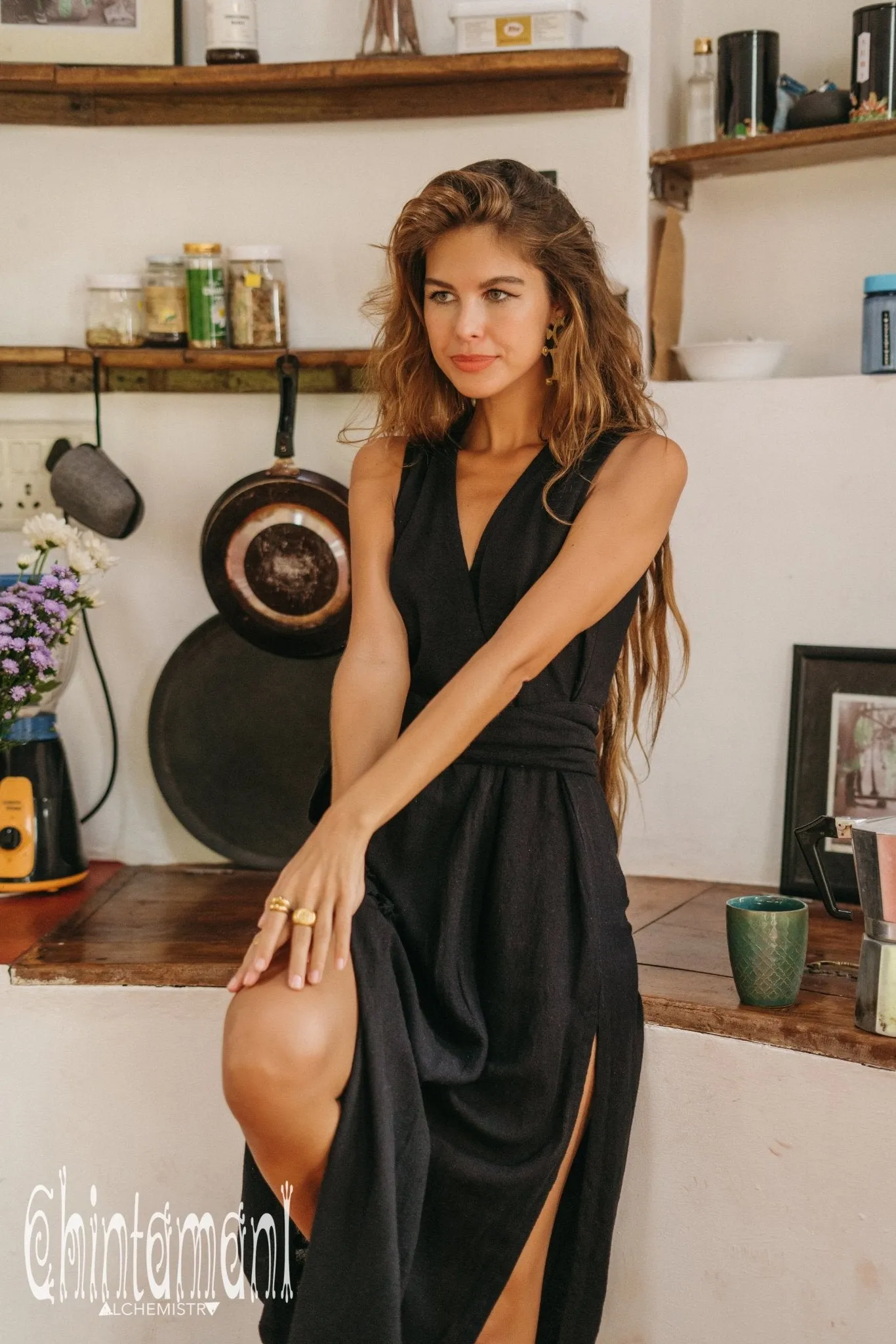 Gypsy Raw Cotton Sleeveless Long Wrap Dress / Black