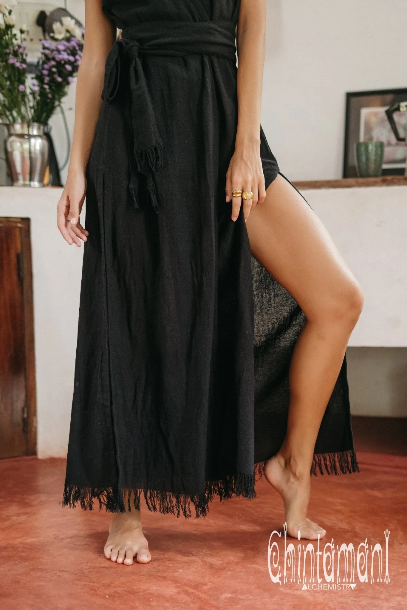 Gypsy Raw Cotton Sleeveless Long Wrap Dress / Black