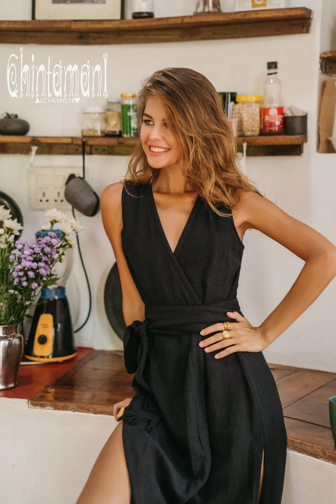 Gypsy Raw Cotton Sleeveless Long Wrap Dress / Black