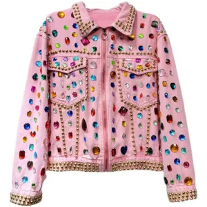 Heavy Rivet Beaded Pink Denim Jacket for a Stylish Look