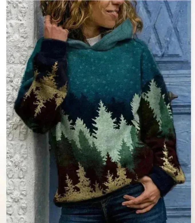 Hooded Long Sleeve Digital Printing Loose Casual Sweater For Women