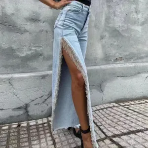 Katie Side Slit Rhinestones Tassel Denim