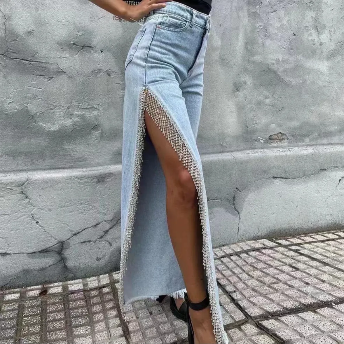 Katie Side Slit Rhinestones Tassel Denim