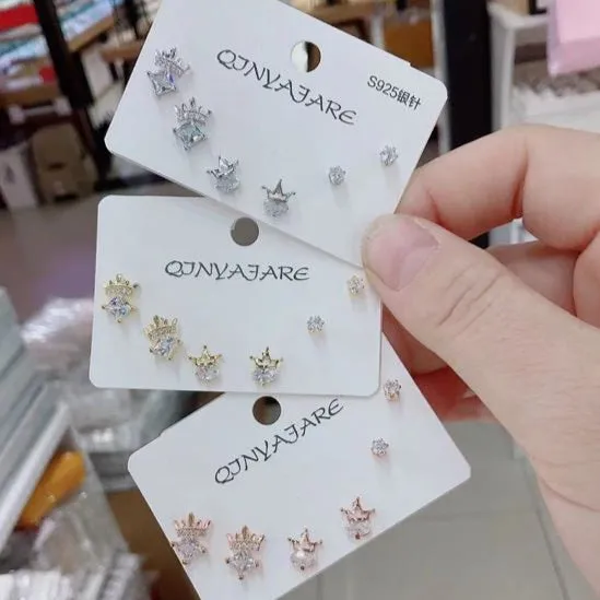 Korean Crown Cubic Zirconia Three Pair Earring