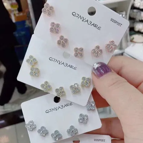 Korean Cubic Zirconia Clover Three Pair Earring