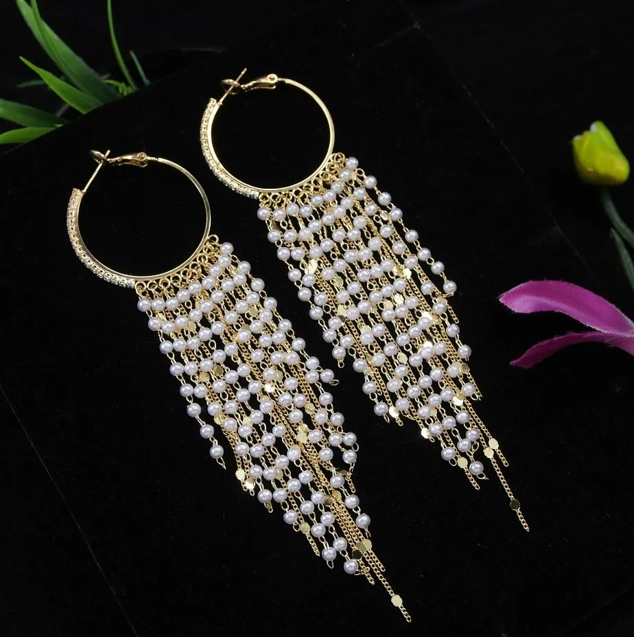 Korean Gold/Silver Plated Hanging long Pearl Chain Hoops Earring