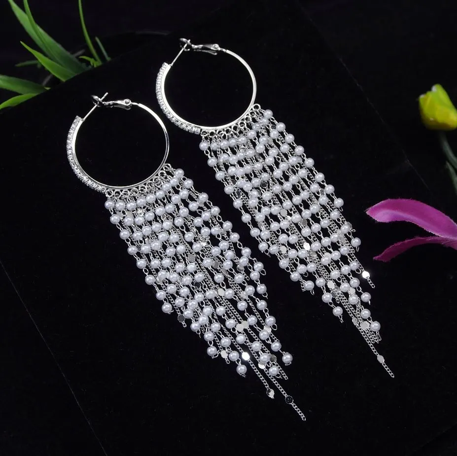 Korean Gold/Silver Plated Hanging long Pearl Chain Hoops Earring