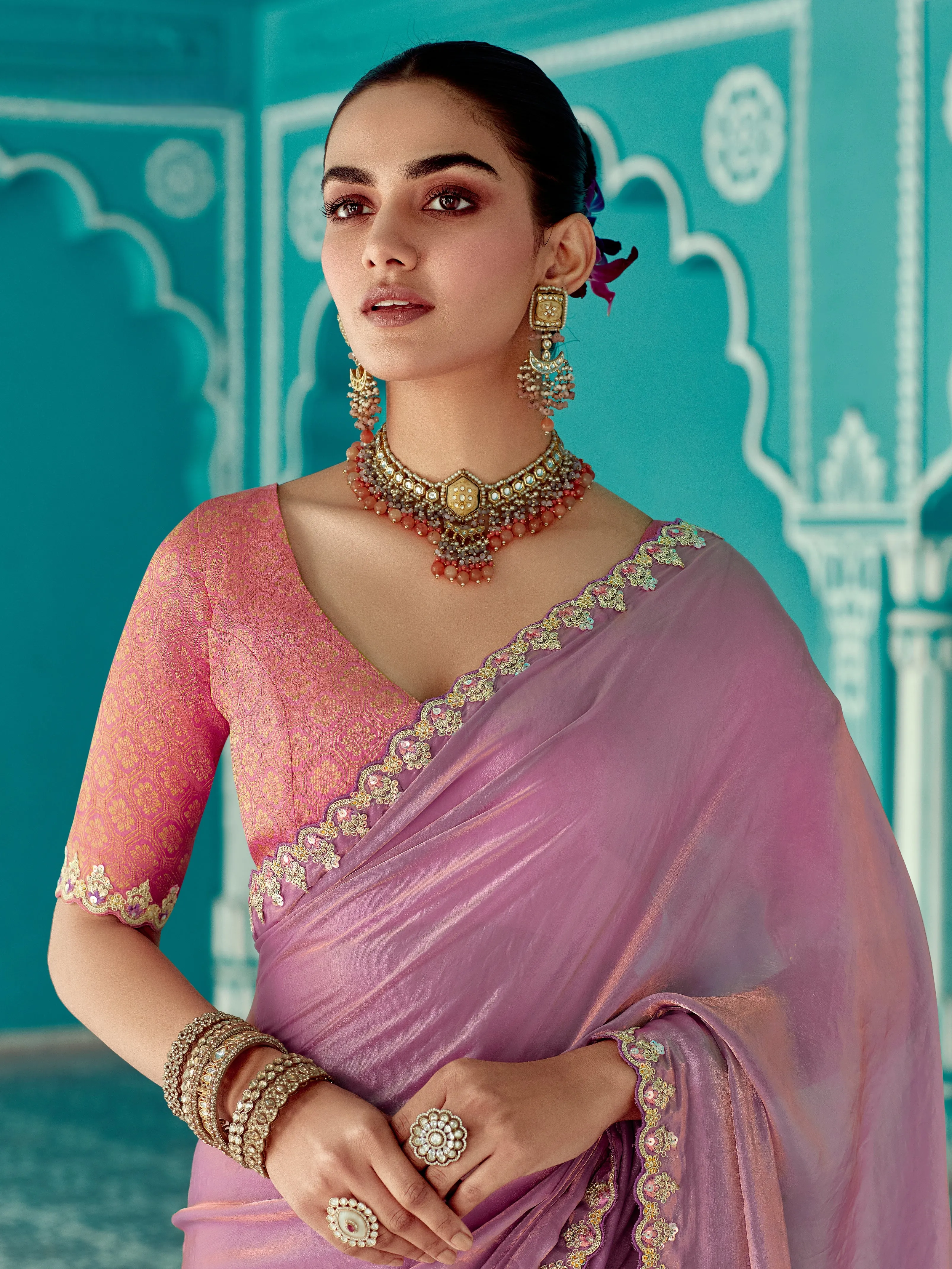 Lavender Organza Designer Saree with Moti Work