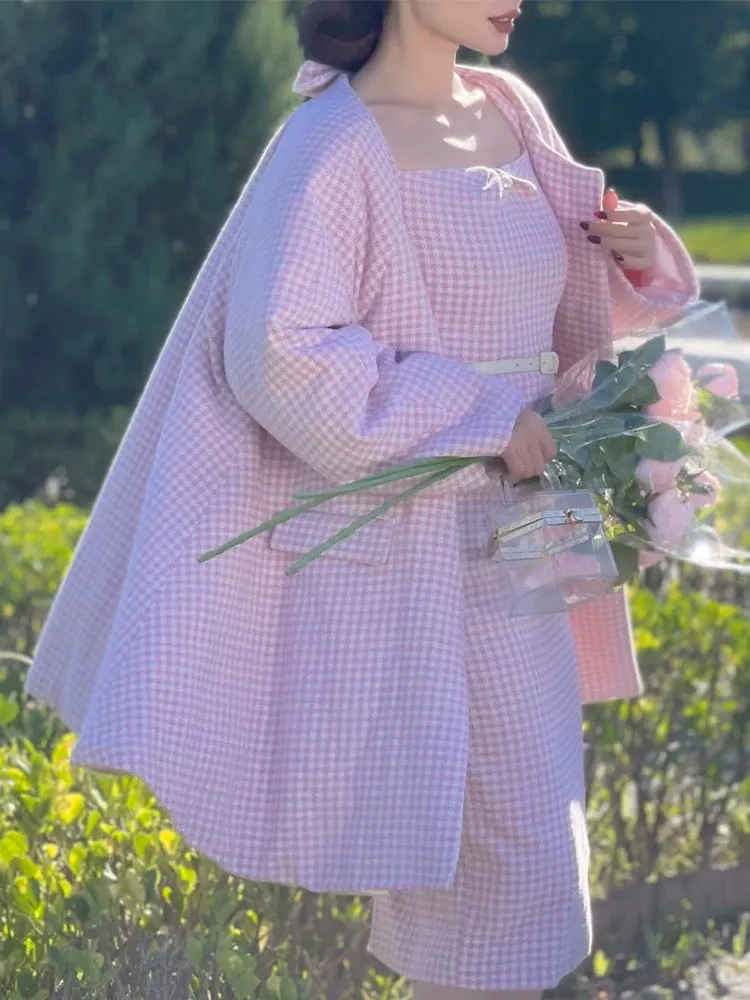 Le Palais Vintage Autumn Pink Plaid babydool Long Sleeve coat Jacket-Natalie