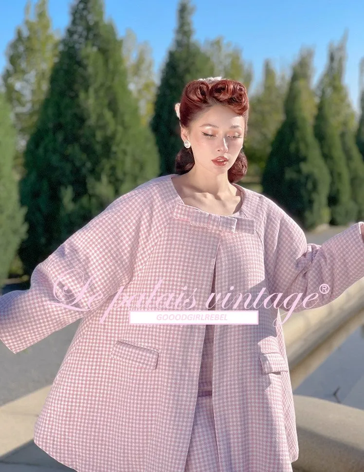 Le Palais Vintage Autumn Pink Plaid babydool Long Sleeve coat Jacket-Natalie