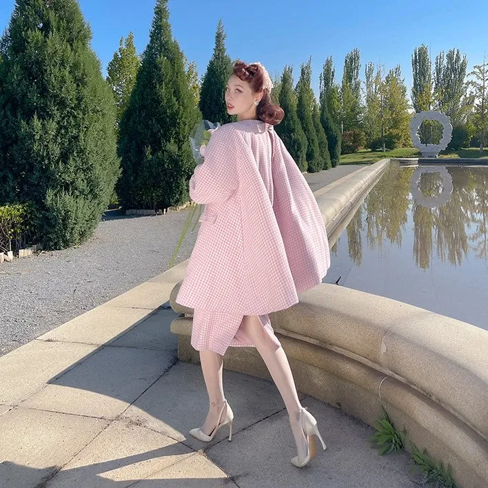 Le Palais Vintage Autumn Pink Plaid babydool Long Sleeve coat Jacket-Natalie