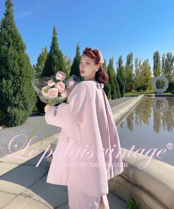 Le Palais Vintage Autumn Pink Plaid babydool Long Sleeve coat Jacket-Natalie