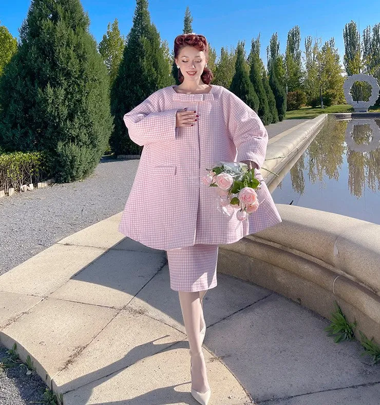 Le Palais Vintage Autumn Pink Plaid babydool Long Sleeve coat Jacket-Natalie