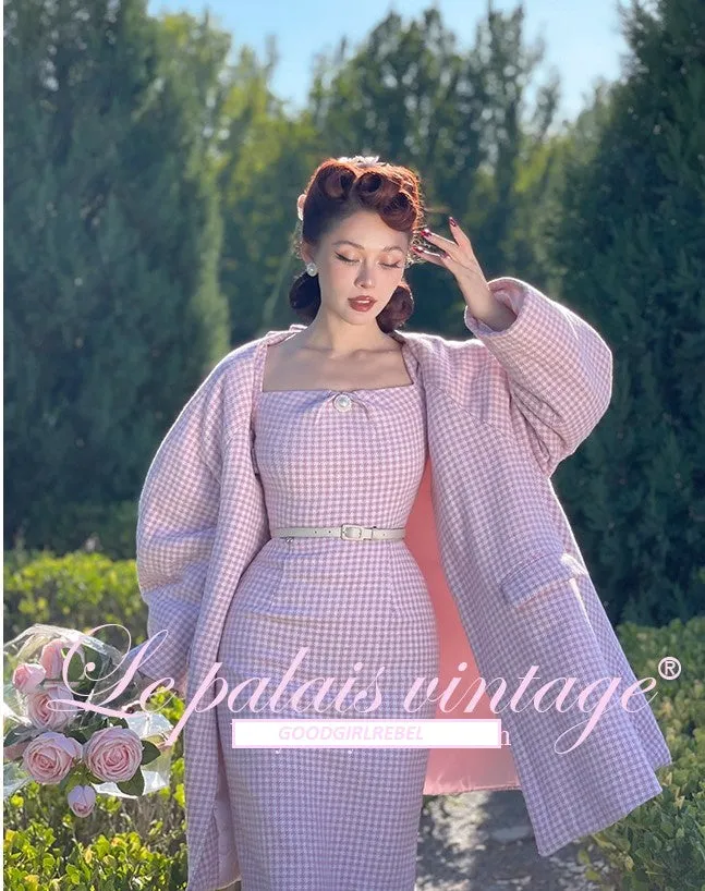 Le Palais Vintage Autumn Pink Plaid babydool Long Sleeve coat Jacket-Natalie