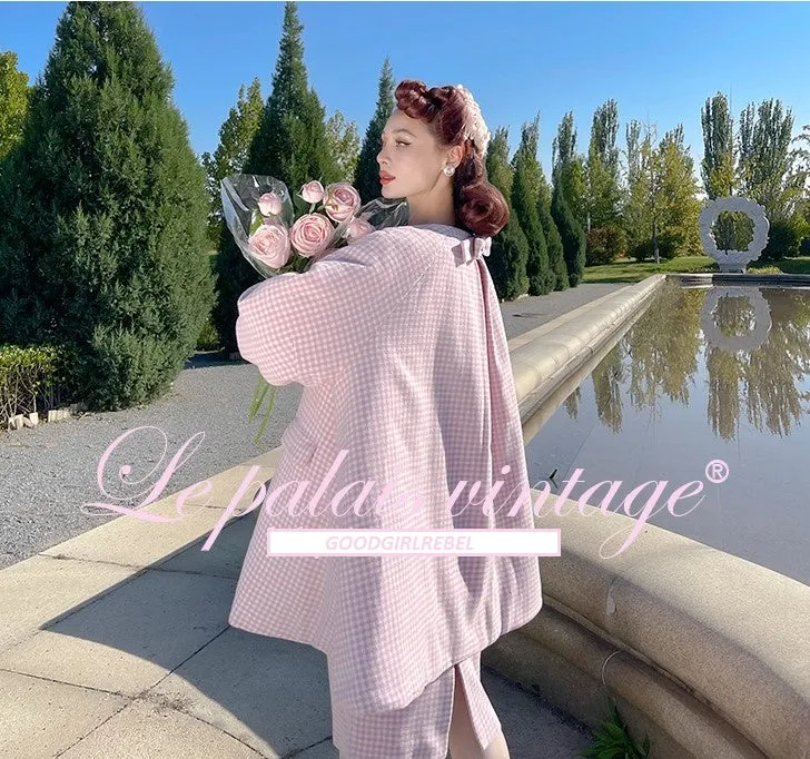 Le Palais Vintage Autumn Pink Plaid babydool Long Sleeve coat Jacket-Natalie