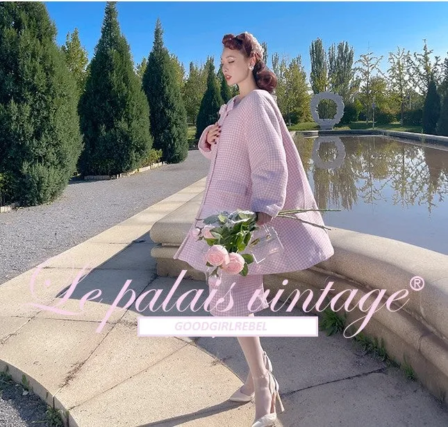 Le Palais Vintage Autumn Pink Plaid babydool Long Sleeve coat Jacket-Natalie