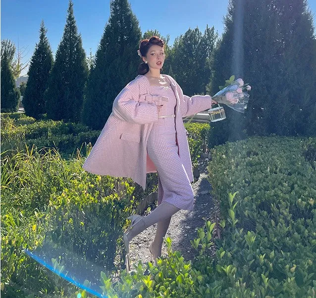 Le Palais Vintage Autumn Pink Plaid babydool Long Sleeve coat Jacket-Natalie