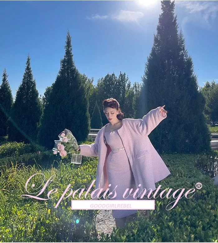 Le Palais Vintage Autumn Pink Plaid babydool Long Sleeve coat Jacket-Natalie