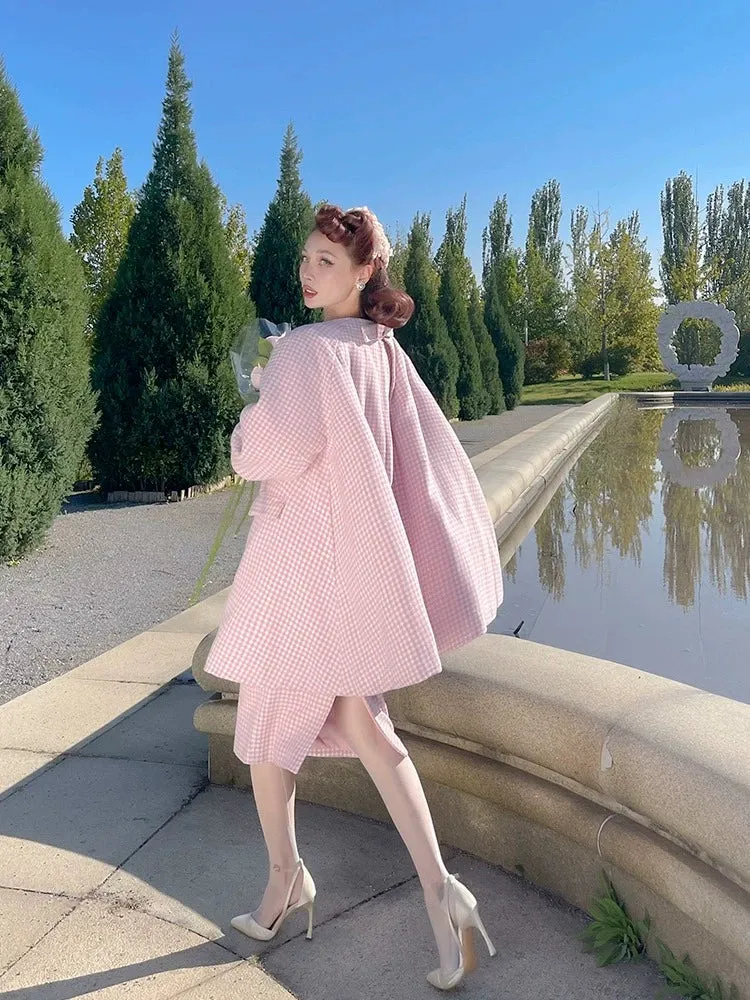 Le Palais Vintage Autumn Pink Plaid babydool Long Sleeve coat Jacket-Natalie