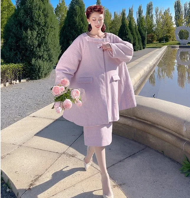 Le Palais Vintage Autumn Pink Plaid babydool Long Sleeve coat Jacket-Natalie