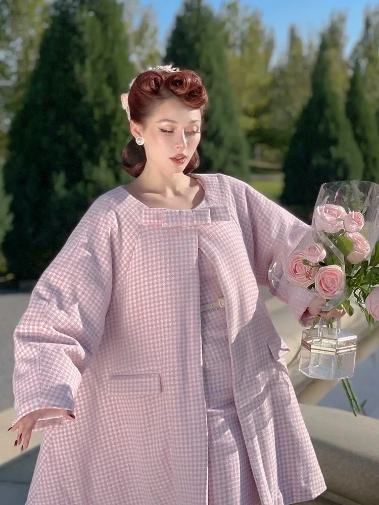 Le Palais Vintage Autumn Pink Plaid babydool Long Sleeve coat Jacket-Natalie