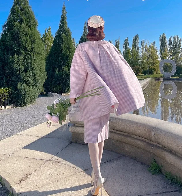 Le Palais Vintage Autumn Pink Plaid babydool Long Sleeve coat Jacket-Natalie
