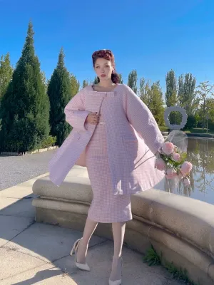 Le Palais Vintage Autumn Pink Plaid babydool Long Sleeve coat Jacket-Natalie