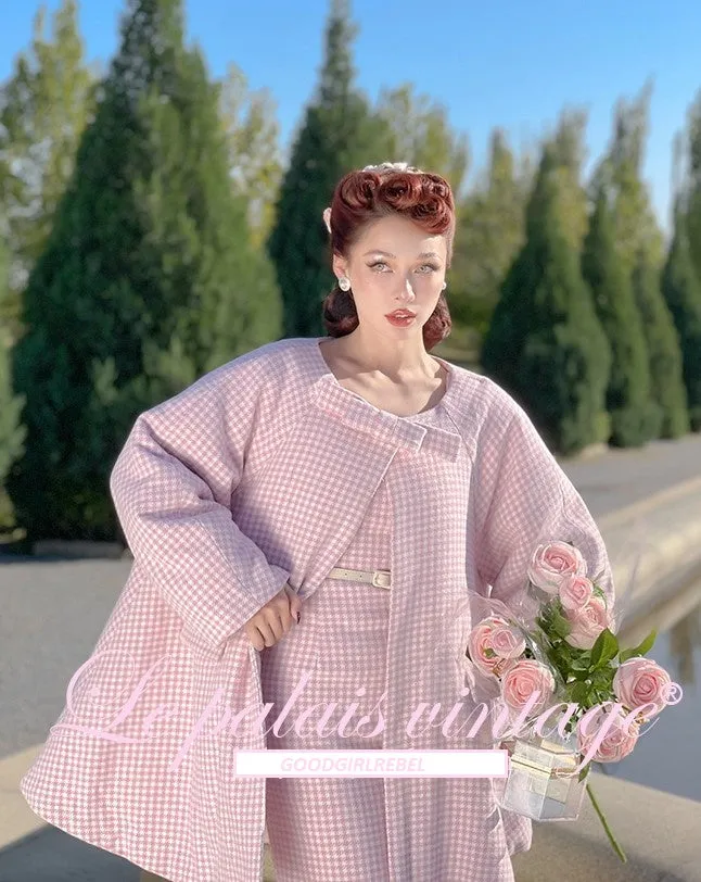 Le Palais Vintage Autumn Pink Plaid babydool Long Sleeve coat Jacket-Natalie