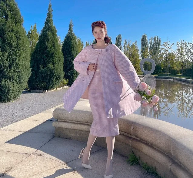 Le Palais Vintage Autumn Pink Plaid babydool Long Sleeve coat Jacket-Natalie