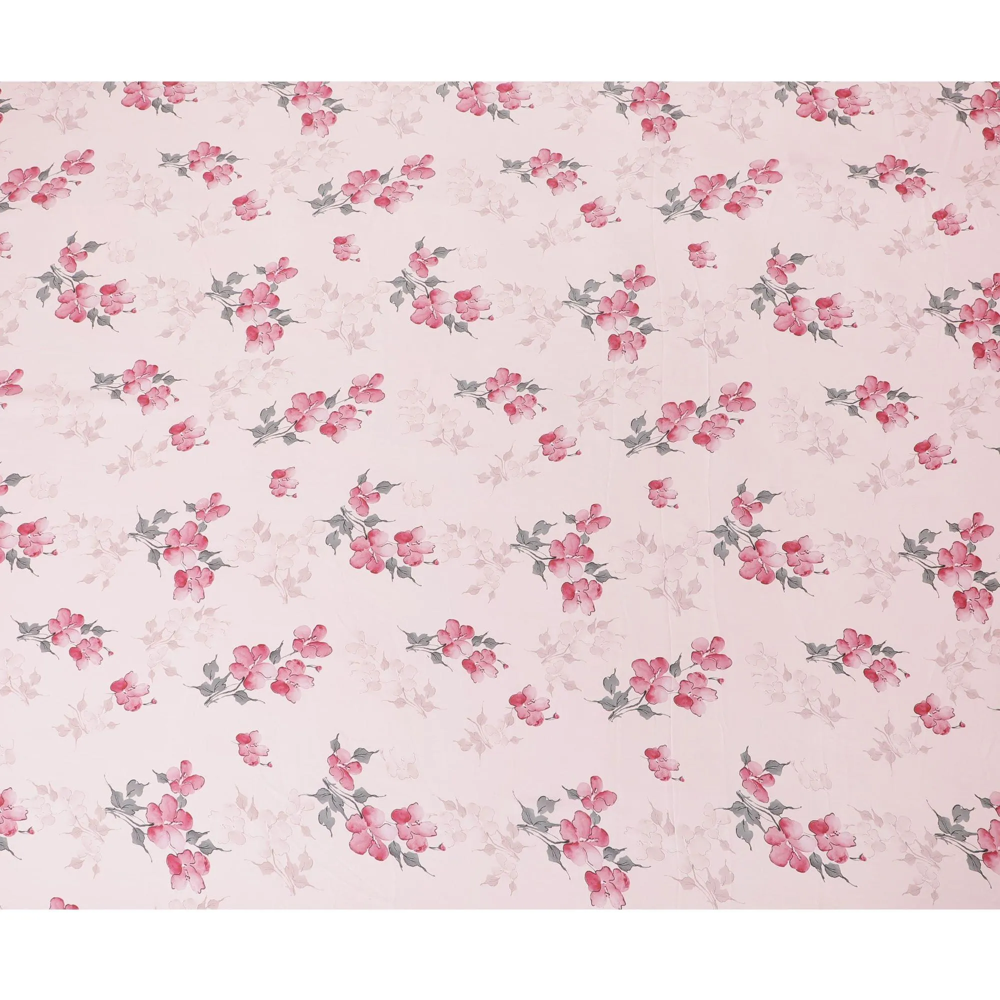 Lemonade pink synthetic crepe fabric with print in black, dark pink and green in floral design-D15654