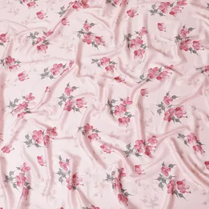 Lemonade pink synthetic crepe fabric with print in black, dark pink and green in floral design-D15654
