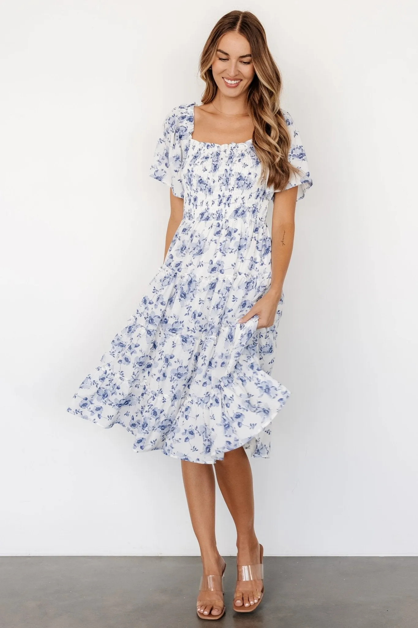 Lilla Tiered Midi Dress | Off-White   Blue Floral