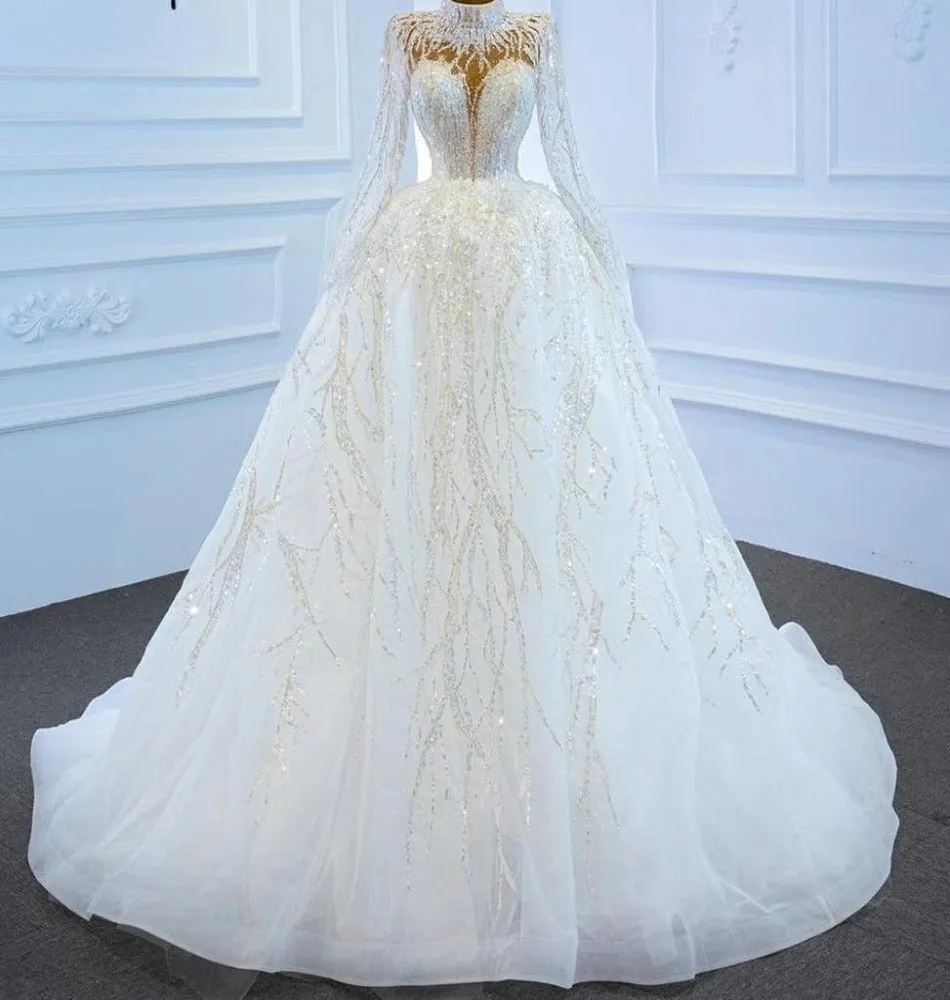 Luxury White Sparkle Beading Lace Up Bridal Dress