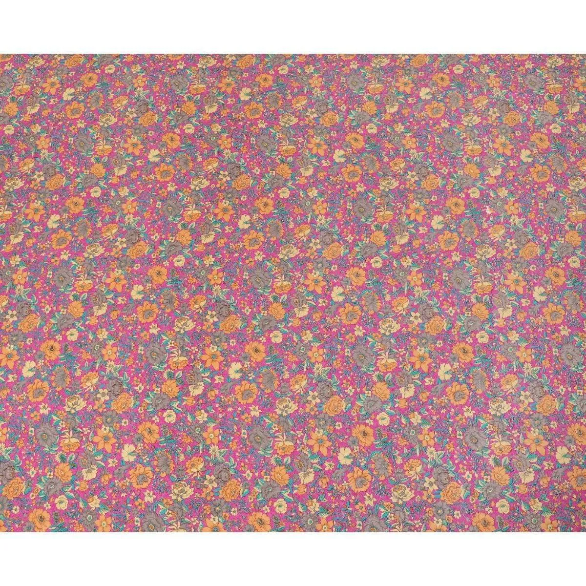 Magenta pink silk crepe fabric with light orange, blue and cream prints in floral design - D9908