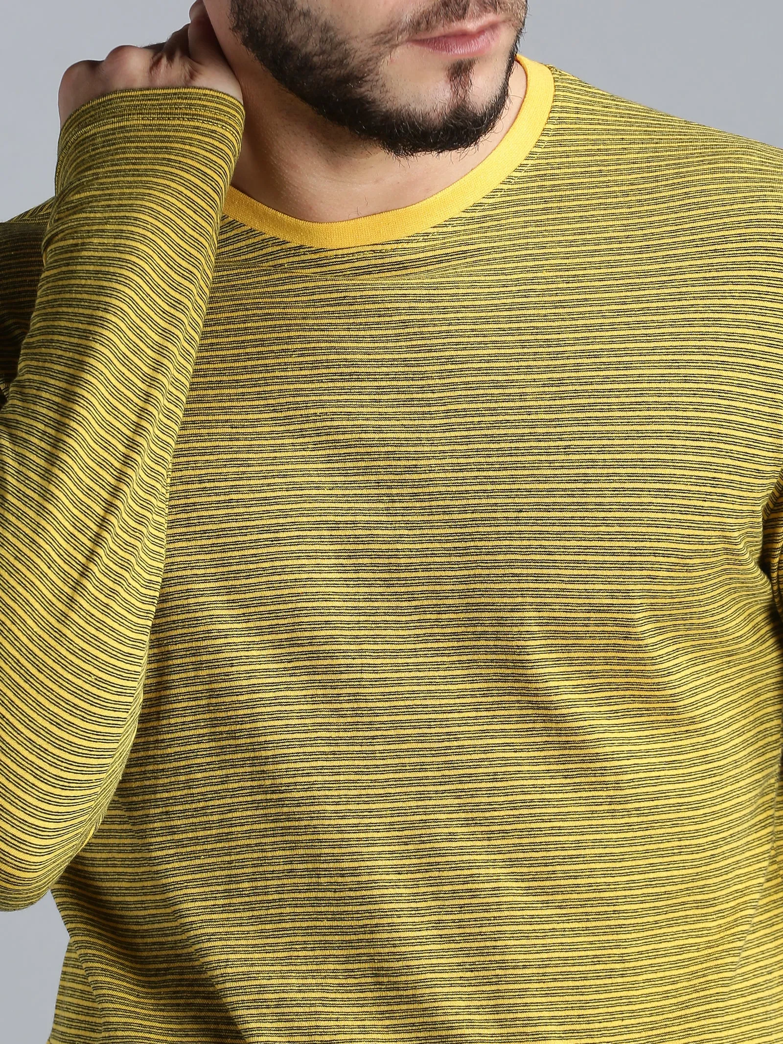 Men Yellow Black Yarn Dyed Stripes Round Neck Recycled Cotton Full Sleeve Regular Fit Casual T-Shirt