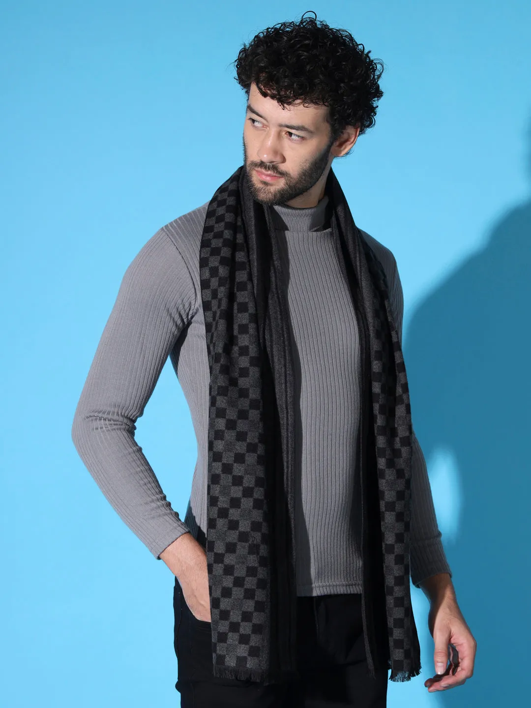 Men's Black Cashmere Wool Muffler with Checkboxes