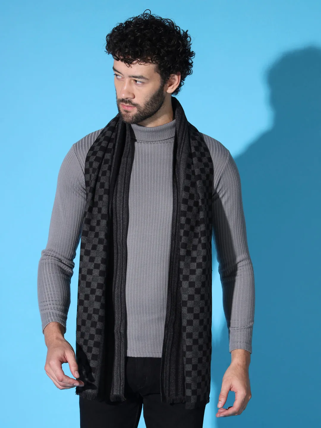 Men's Black Cashmere Wool Muffler with Checkboxes