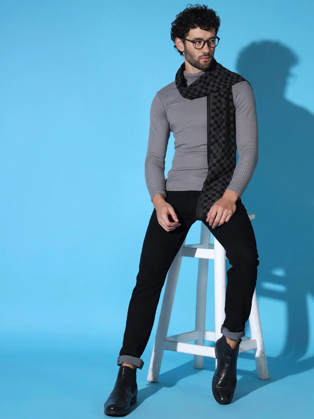 Men's Black Cashmere Wool Muffler with Checkboxes
