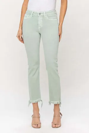 Mint Green Mid Rise Crop Frayed Hem Straight Jeans