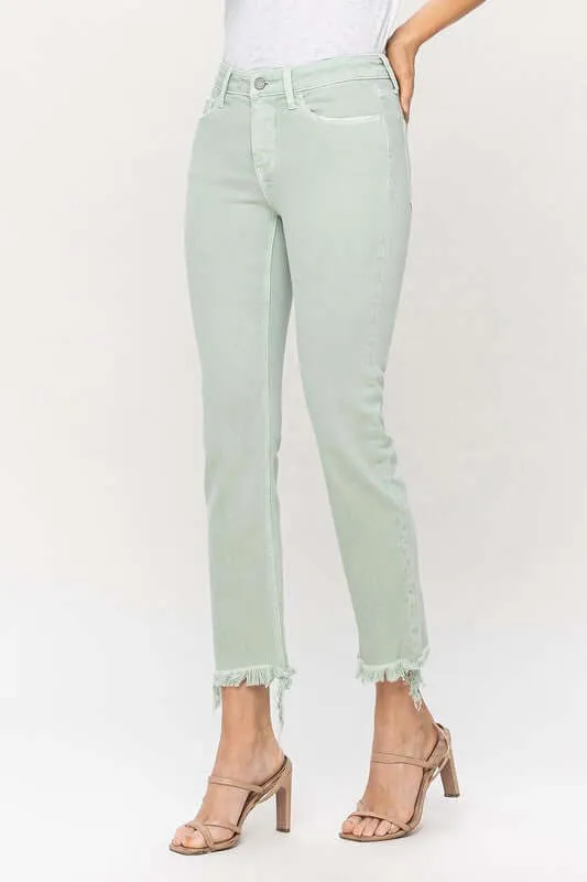 Mint Green Mid Rise Crop Frayed Hem Straight Jeans