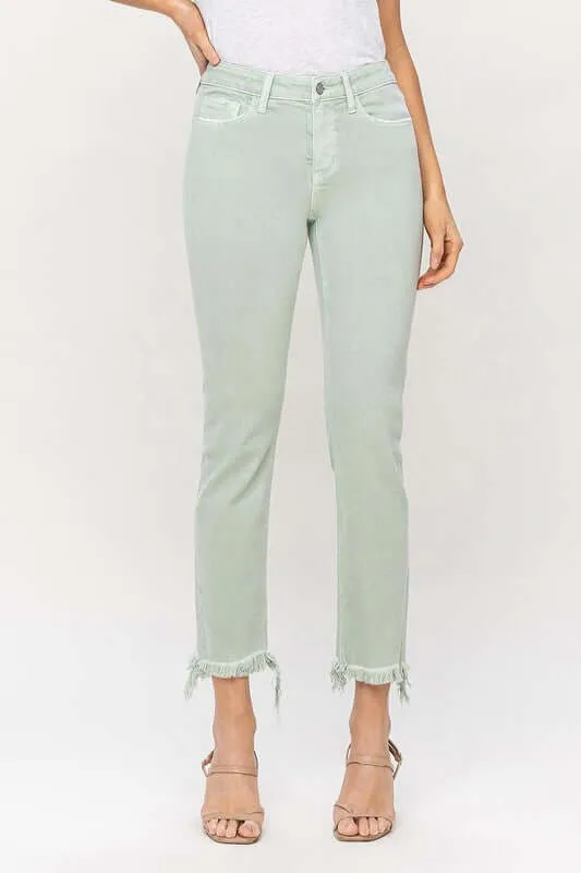 Mint Green Mid Rise Crop Frayed Hem Straight Jeans
