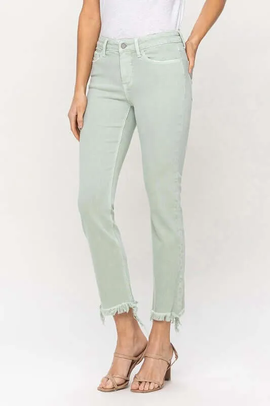 Mint Green Mid Rise Crop Frayed Hem Straight Jeans