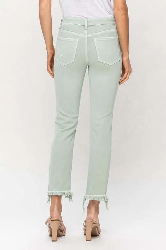 Mint Green Mid Rise Crop Frayed Hem Straight Jeans