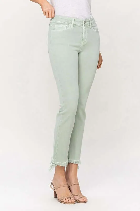 Mint Green Mid Rise Crop Frayed Hem Straight Jeans