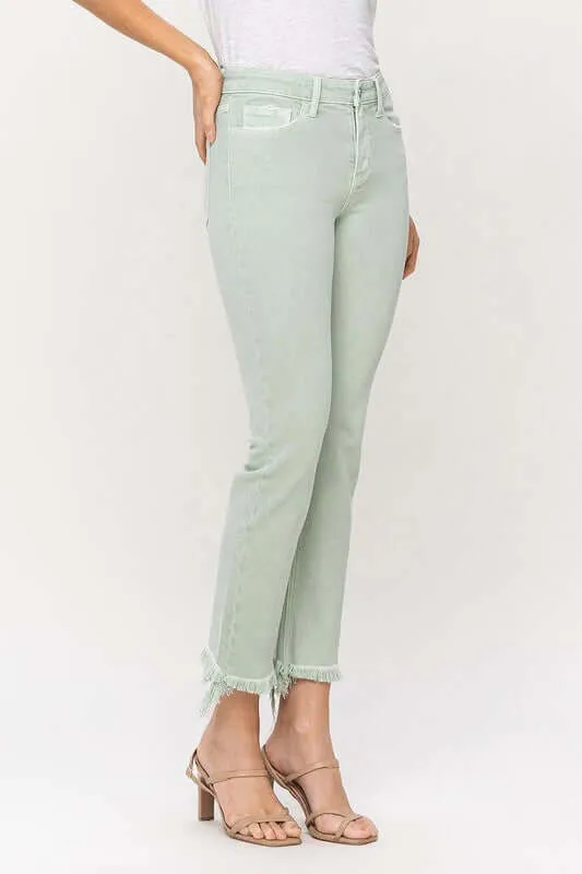 Mint Green Mid Rise Crop Frayed Hem Straight Jeans