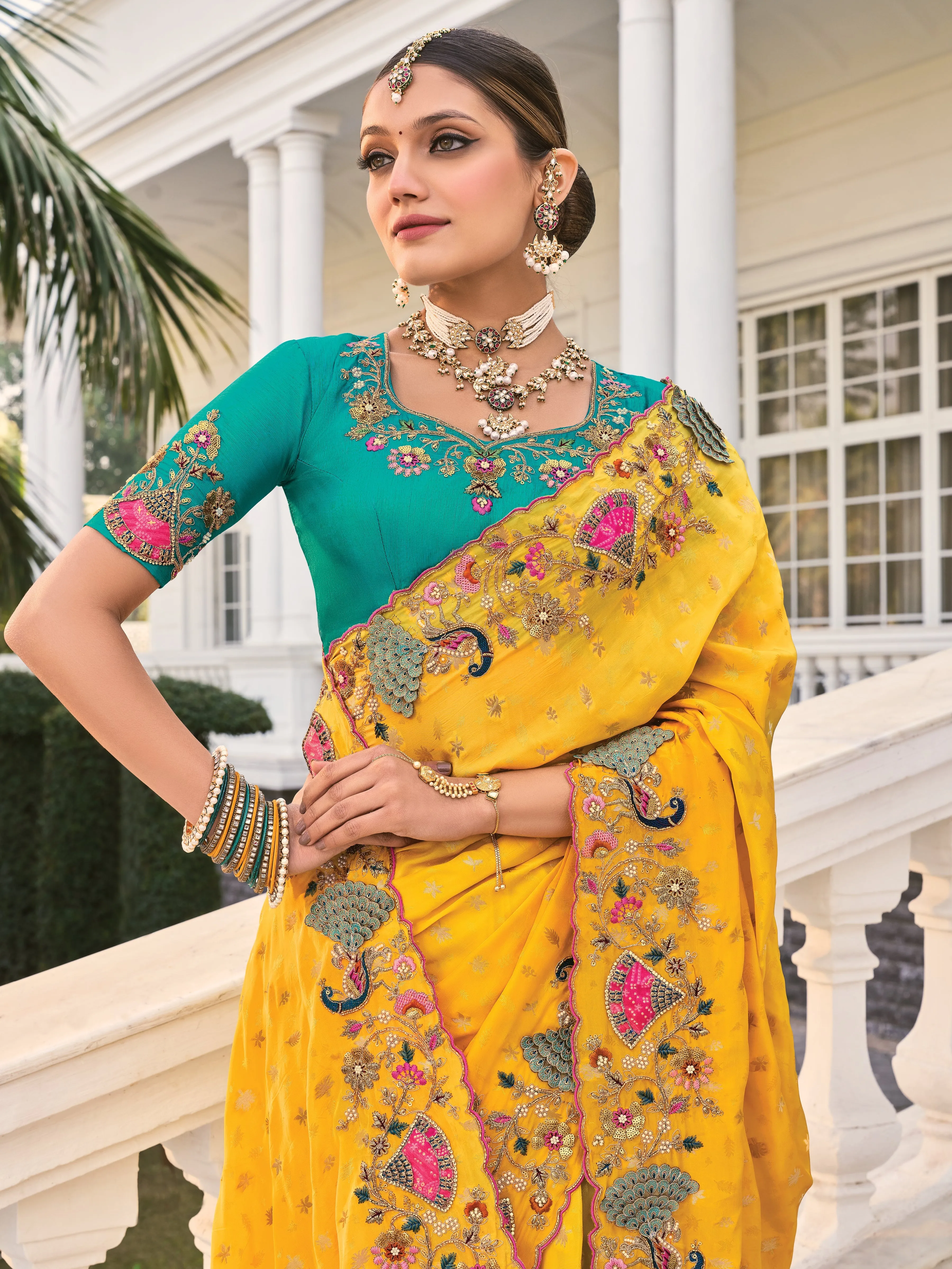 Mustard Yellow Floral Embroidered Saree with Designer Border