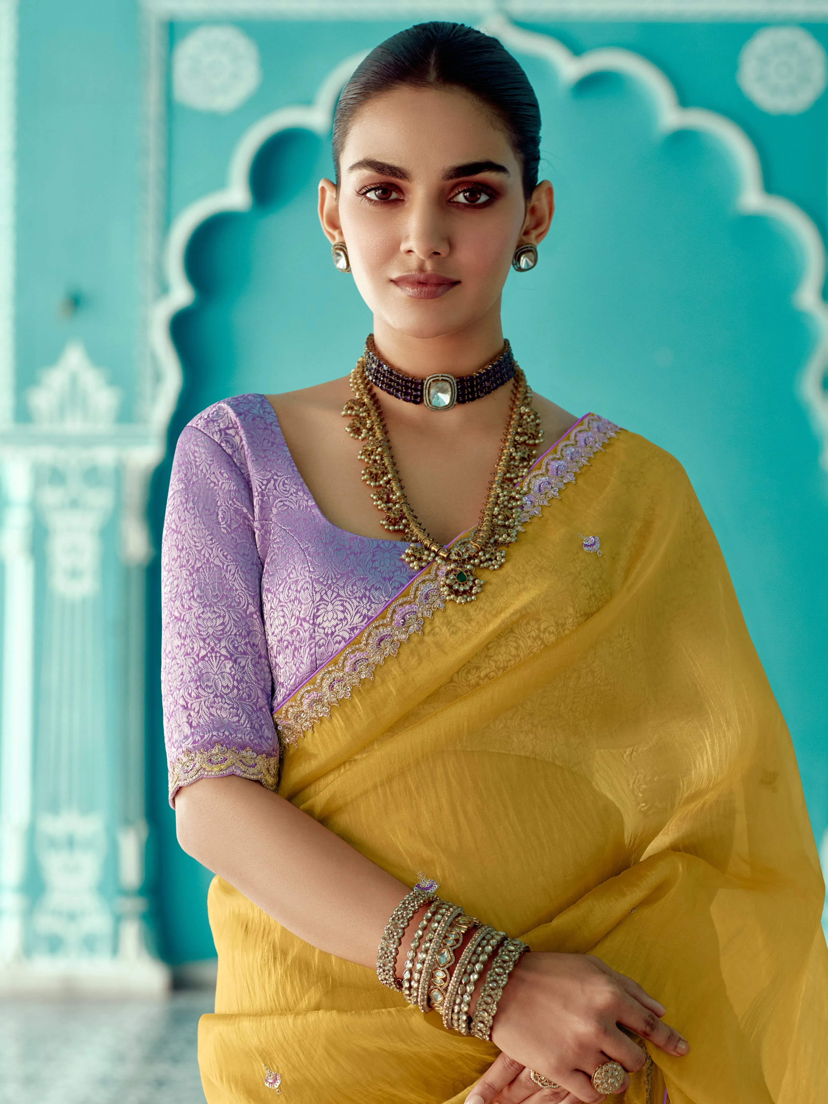 Mustard Yellow Organza Saree with Sequin Embroidery