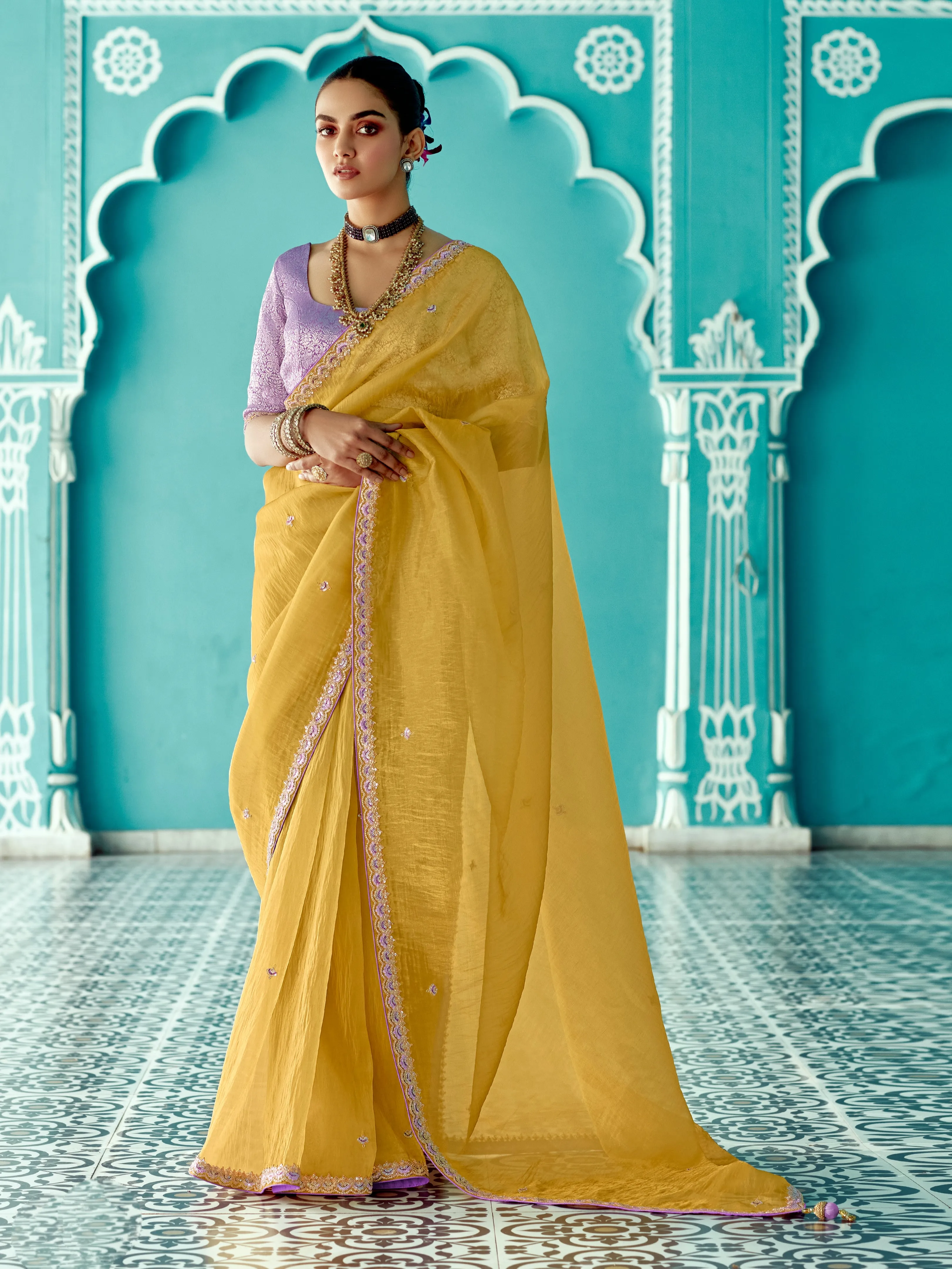 Mustard Yellow Organza Saree with Sequin Embroidery