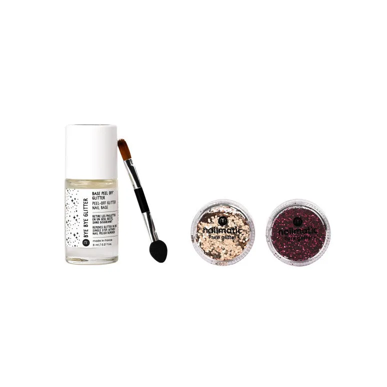 Nailmatic Set: Large Gold Glitter   Medium Dark Pink Glitter   Byebye Glitter   Applicator Brush